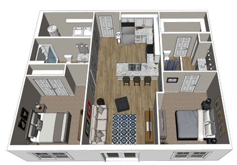 Floor plan for 2 beds, 2 baths, 1005 sqft